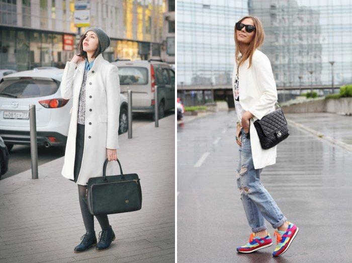 Белое пальто с леггинсами или джинсами