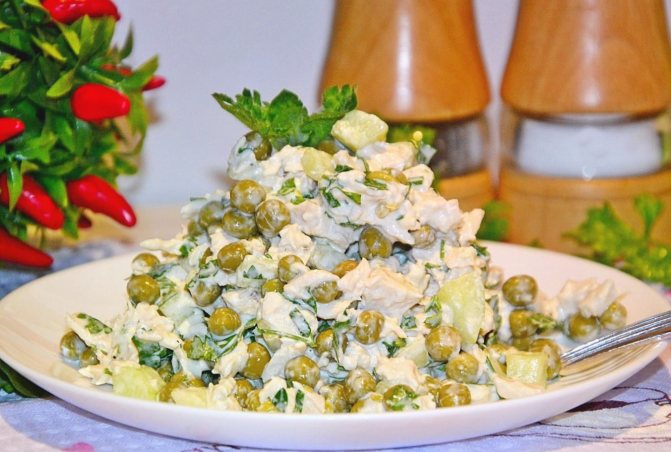 Описание: https://static.1000.menu/img/content/27066/salat-s-kuricei-i-goroshkom_1526636010_9_max.jpg