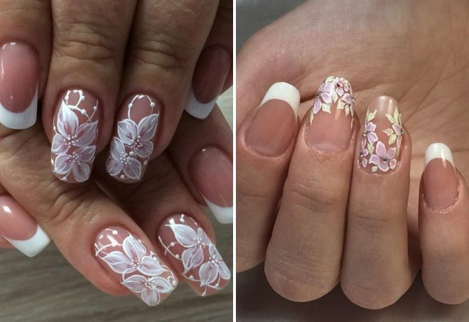свадебный маникюр френч с цветами